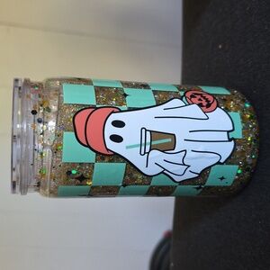 Ghost Themed Glitter Tumbler with Orange Hat